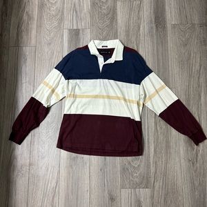 Men’s oversized medium rugby. Maroon/Navy/White.